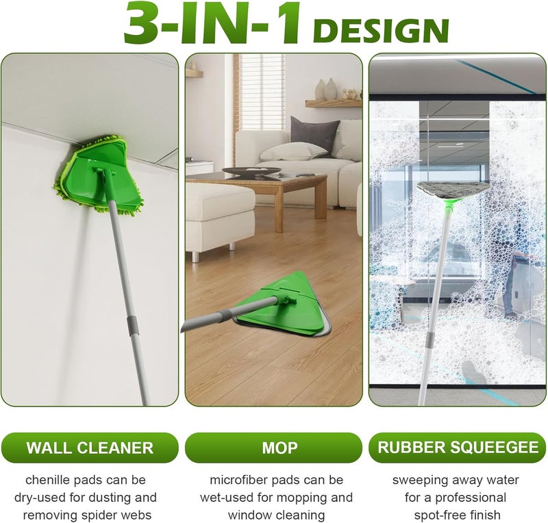 RONSUNG Wall Cleaner Triangle Mop with 82'' Long Handle - Wall Scrubber, Cleaning Washer Tool with 4 Microfiber Chenille Duster Pads for Clean Walls, Ceiling, Windows, Baseboards, Floors (Green) - Image 2